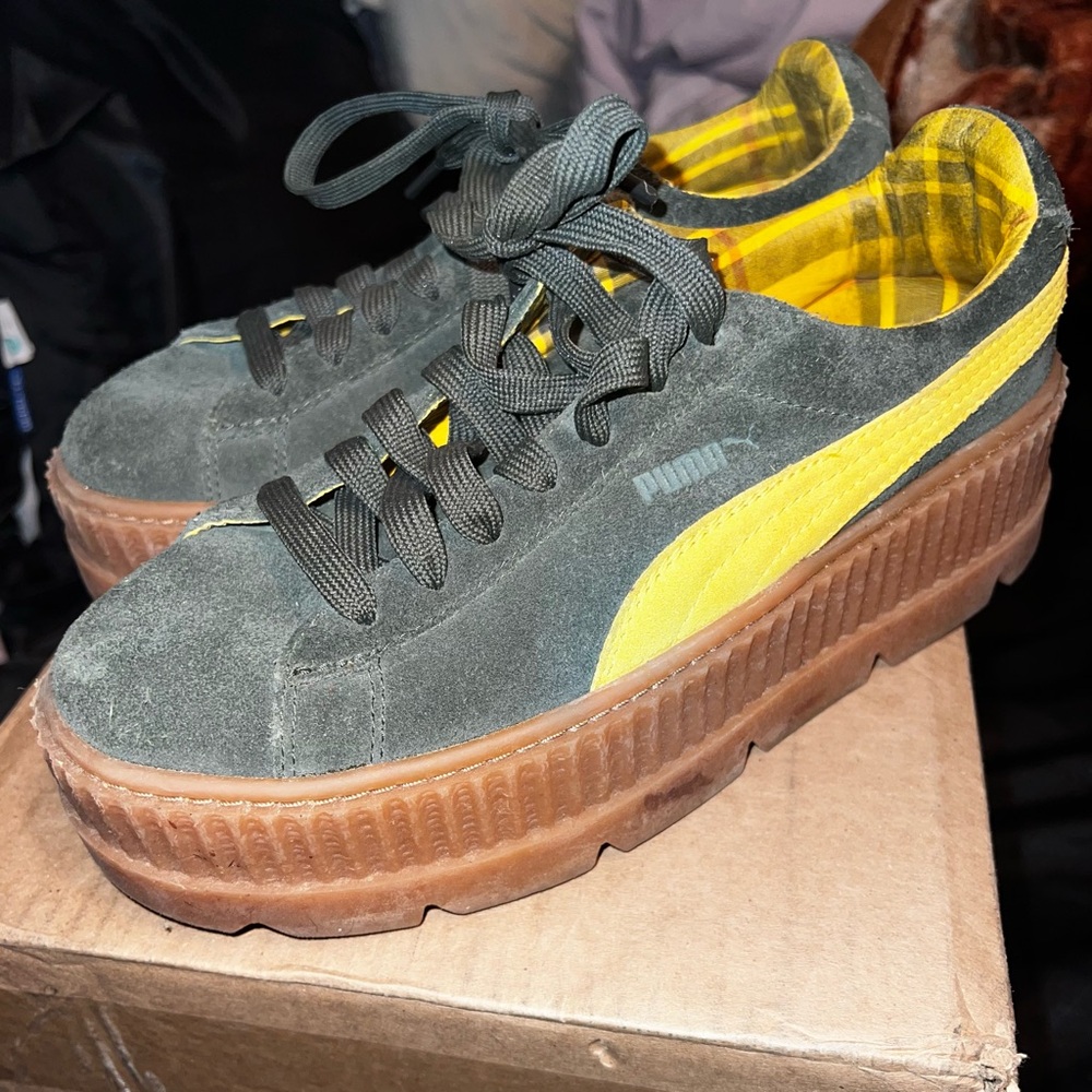 Fenty Rihanna Puma Women's Green and Yellow Suede Cleated Sneakers - Picture 2 of 5